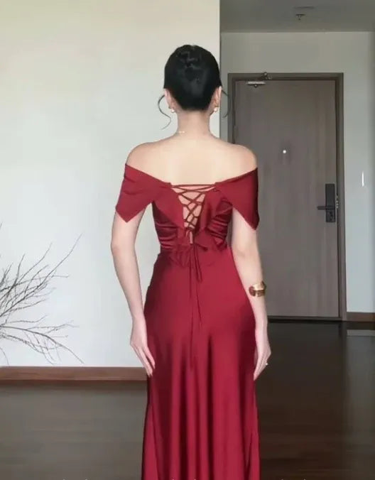 Burgundy Satin Mermaid Prom Dress Off-Shoulder Ruched-Bodice Crisscross Open-Back Floor-Length Gown