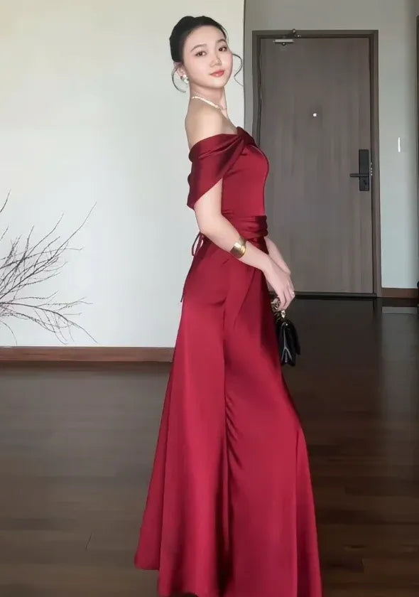 Burgundy Satin Mermaid Prom Dress Off-Shoulder Ruched-Bodice Crisscross Open-Back Floor-Length Gown