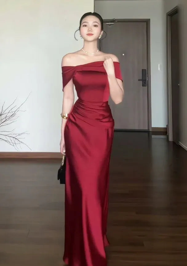Burgundy Satin Mermaid Prom Dress Off-Shoulder Ruched-Bodice Crisscross Open-Back Floor-Length Gown