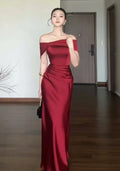Burgundy Satin Mermaid Prom Dress Off-Shoulder Ruched-Bodice Crisscross Open-Back Floor-Length Gown