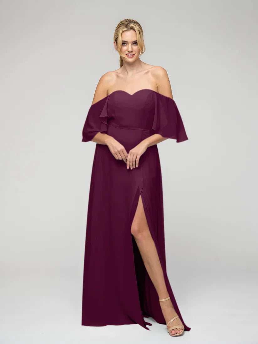 Bridesmaid Dresses Sweetheart Chiffon Flutter Sleeve With Split For Elegant Bridesmaids