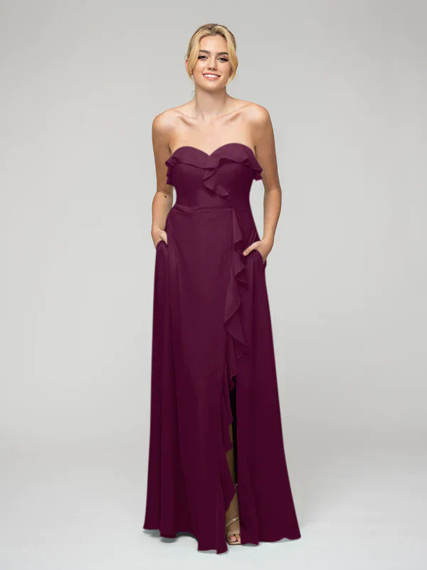 Chiffon A Line Strapless Bridesmaid Dress With Ruffles Elegant Gown For Wedding Party