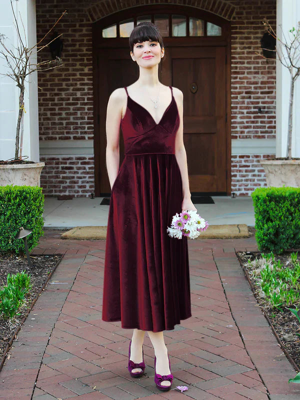 Spaghetti Straps A-line V-neck Midi Velvet Dresses