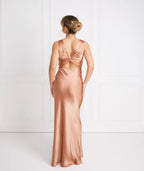 Dress Fashion Twist Back Bridesmaid Dress Maxi Dress Solid Color Champagne Deep V Neck Column Prom Dress