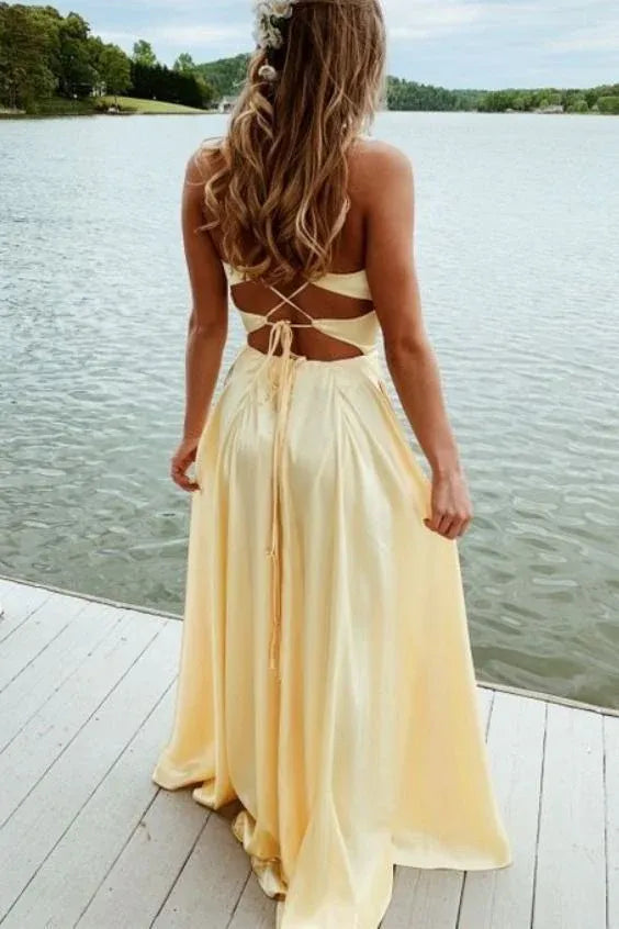 Butter Yellow Satin A-Line Prom Dress Halter Deep V-Neck Crisscross Open-Back Cutout Floor-Length Gown
