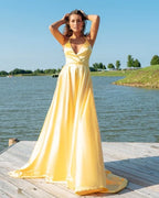 Butter Yellow Satin A-Line Prom Dress Halter Deep V-Neck Crisscross Open-Back Cutout Floor-Length Gown