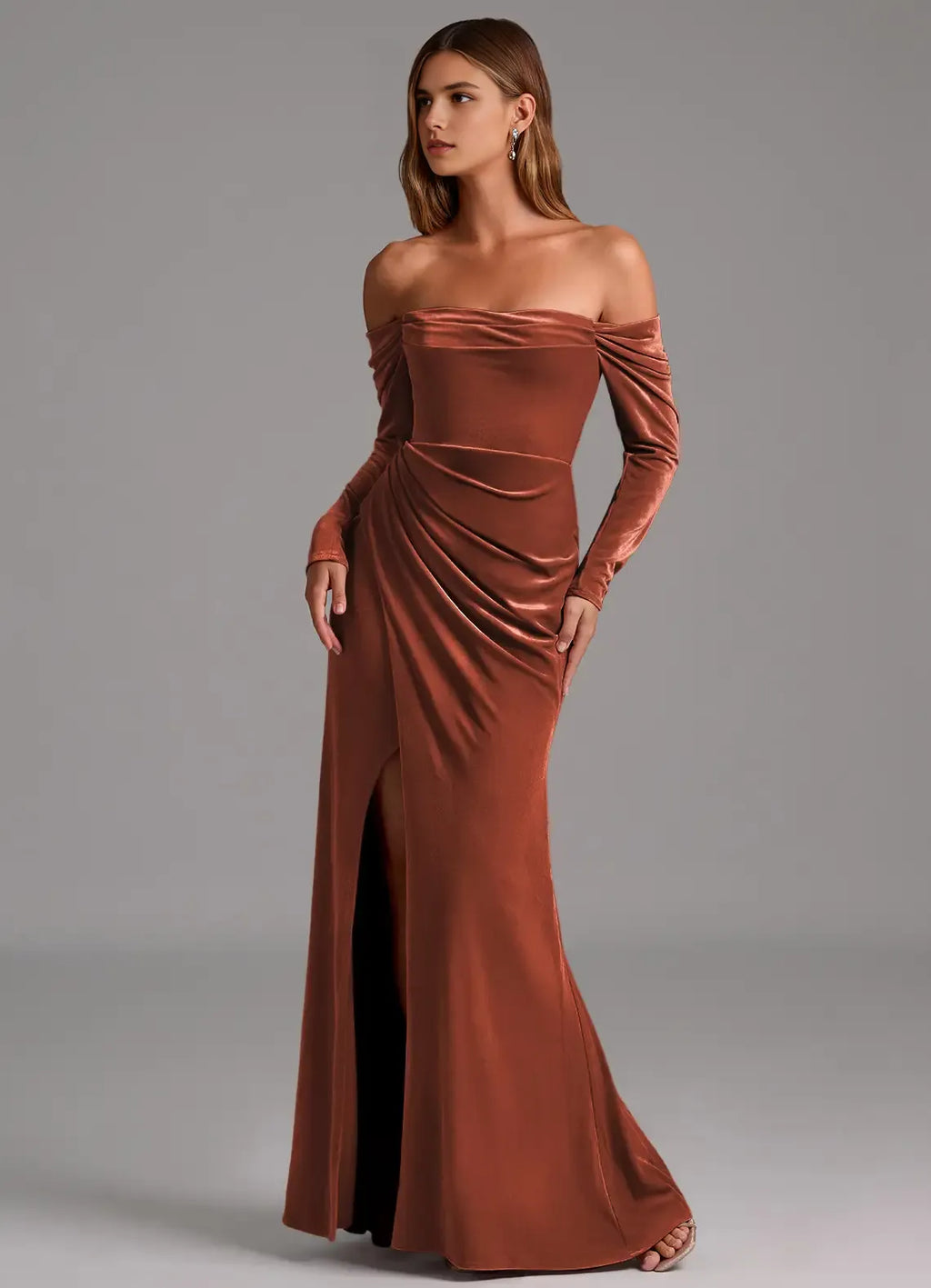 Button Accent Off Shoulder Long Sleeve Velvet Mermaid Ruched Bodice Keyhole Back High Slit Floor Length For Sale Prom Dress