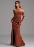 Button Accent Off Shoulder Long Sleeve Velvet Mermaid Ruched Bodice Keyhole Back High Slit Floor Length For Sale Prom Dress
