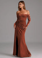 Button Accent Off Shoulder Long Sleeve Velvet Mermaid Ruched Bodice Keyhole Back High Slit Floor Length For Sale Prom Dress