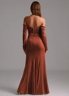 Button Accent Off Shoulder Long Sleeve Velvet Mermaid Ruched Bodice Keyhole Back High Slit Floor Length For Sale Prom Dress