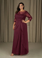 Dress Champagne A-Line Scoop Mother Of The Bride Evening Dress Elegant Ruffle Three-Quarter Sleeve V Back Plus Size Mother Of The Bride Dress