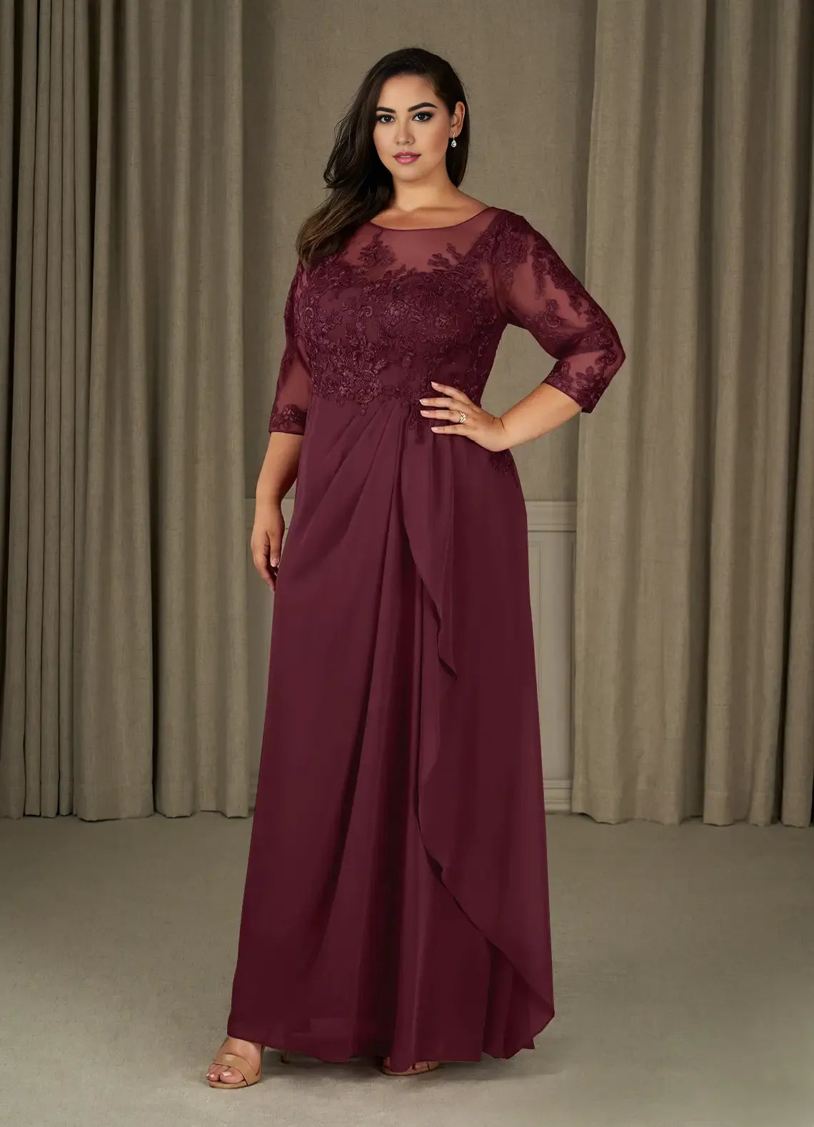 Dress Champagne A-Line Scoop Mother Of The Bride Evening Dress Elegant Ruffle Three-Quarter Sleeve V Back Plus Size Mother Of The Bride Dress