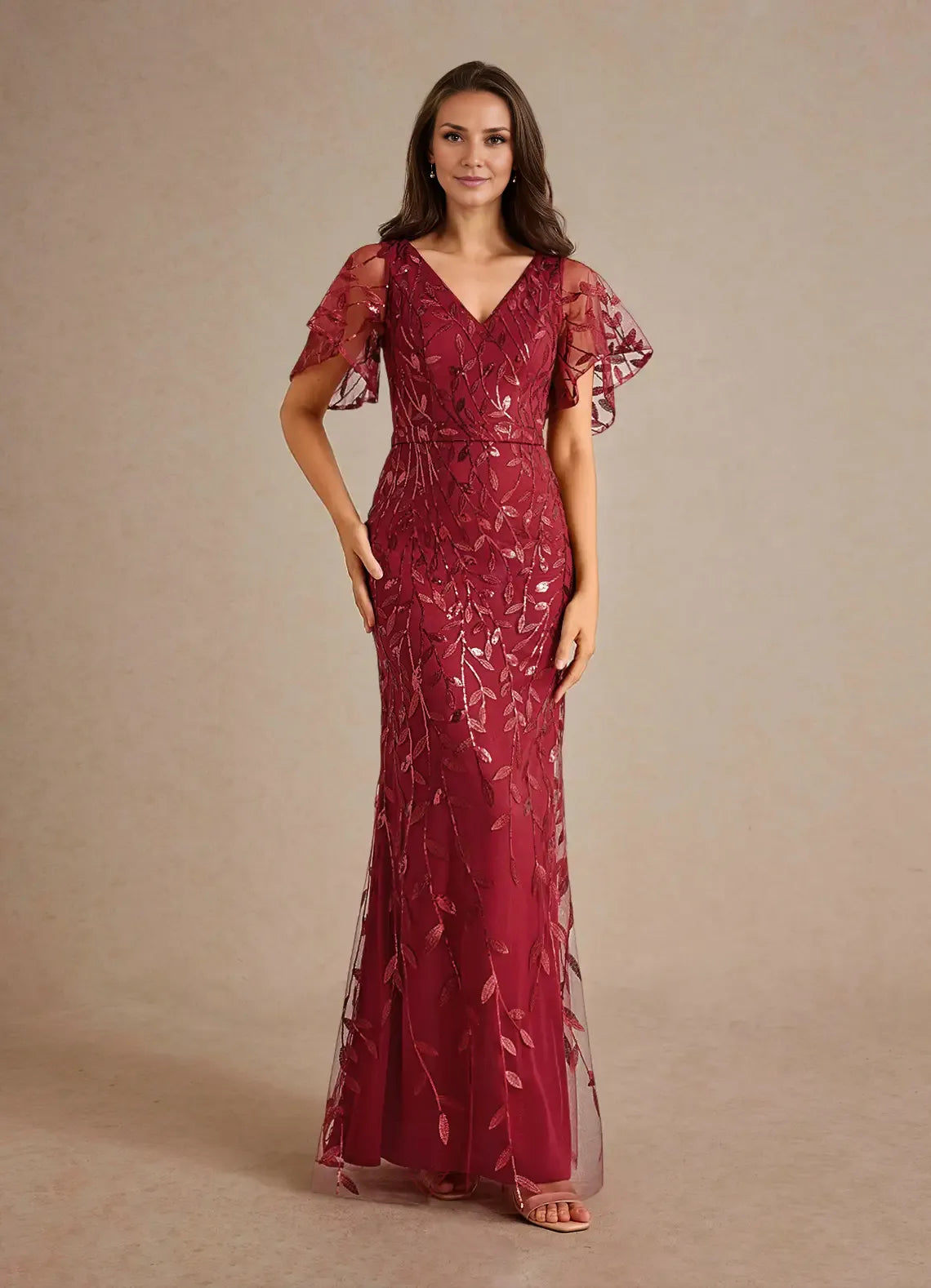 Dress Champagne Sheath Sequins Mother of the Groom Dresses Elegant V-Neck Flutter Sleeves Evening Dress