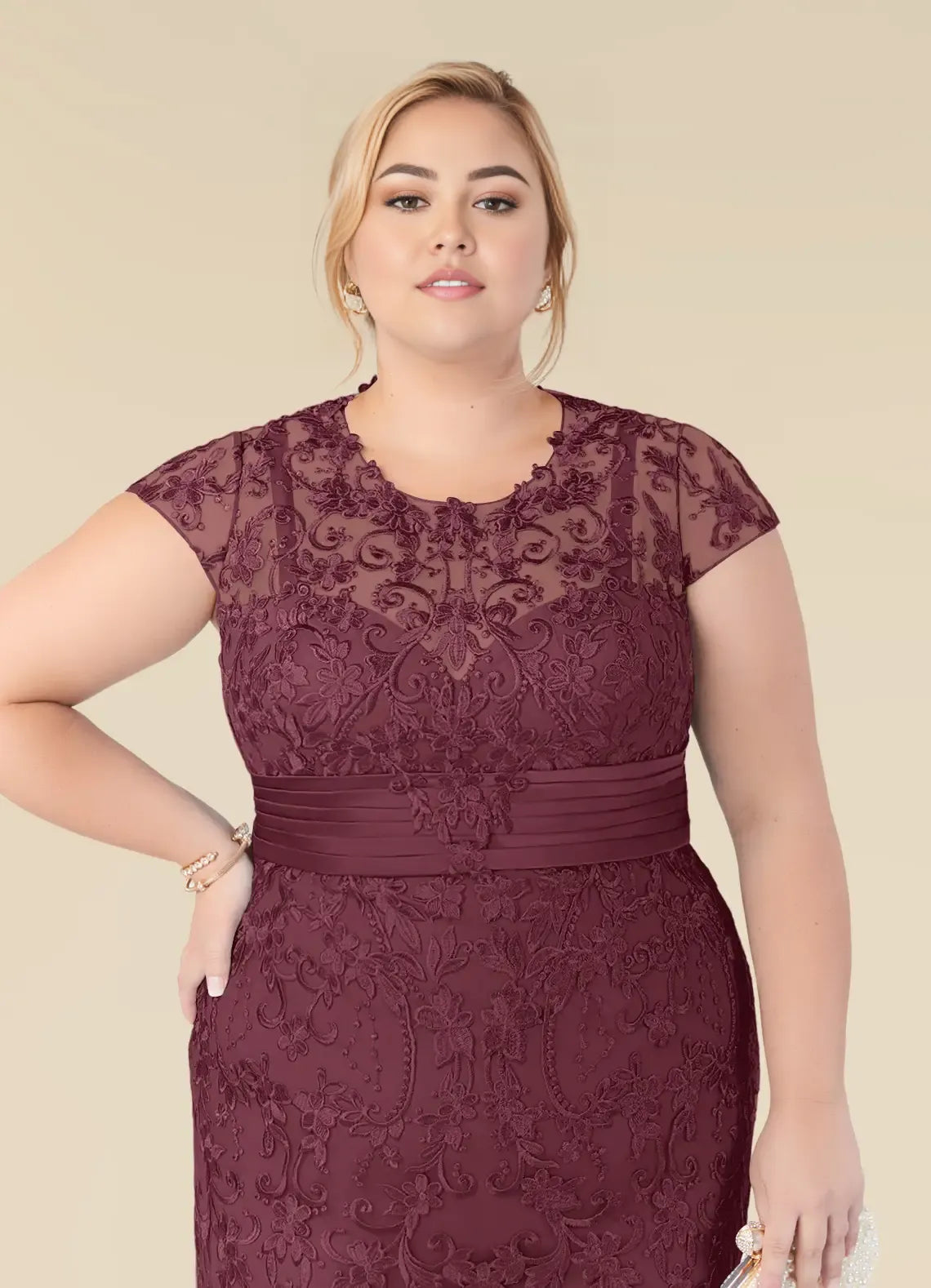 Dress Elegant Cabernet Mermaid Vintage Scoop Neck Plus Size Mother Of The Bride Dress Floor-Length Cap Sleeves Illusion Back Mother of the Bride Dress