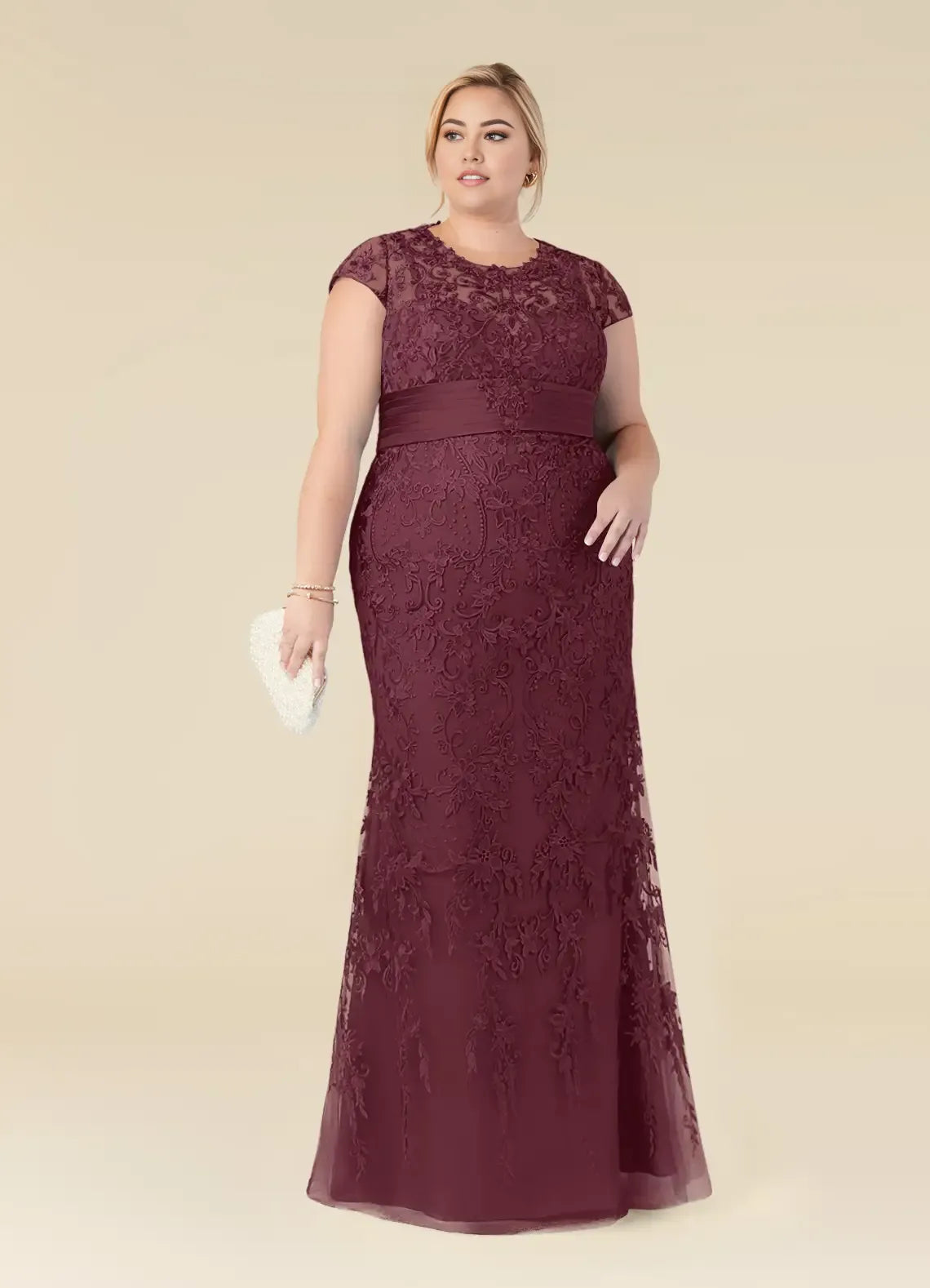 Dress Elegant Cabernet Mermaid Vintage Scoop Neck Plus Size Mother Of The Bride Dress Floor-Length Cap Sleeves Illusion Back Mother of the Bride Dress