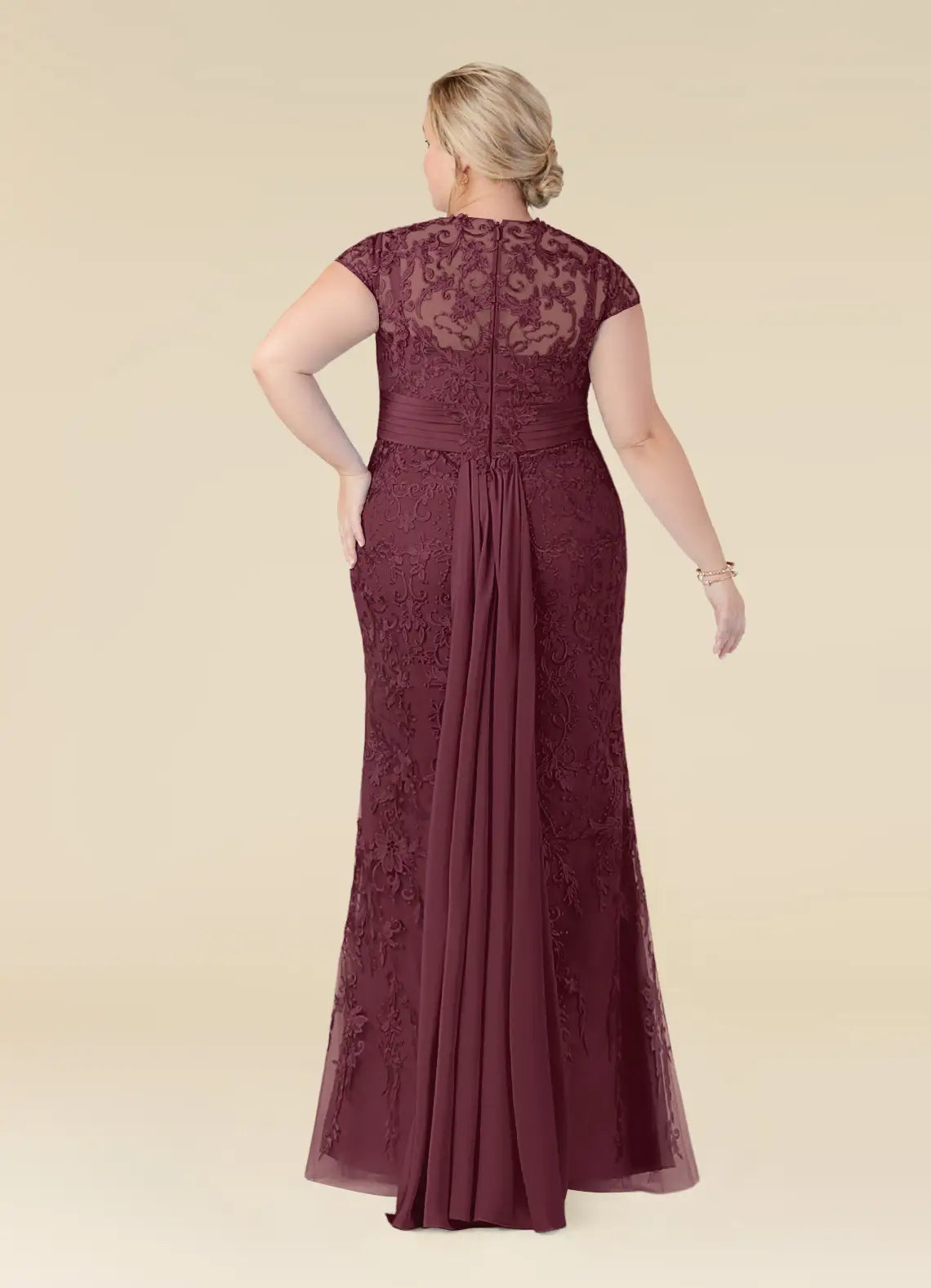 Dress Elegant Cabernet Mermaid Vintage Scoop Neck Plus Size Mother Of The Bride Dress Floor-Length Cap Sleeves Illusion Back Mother of the Bride Dress