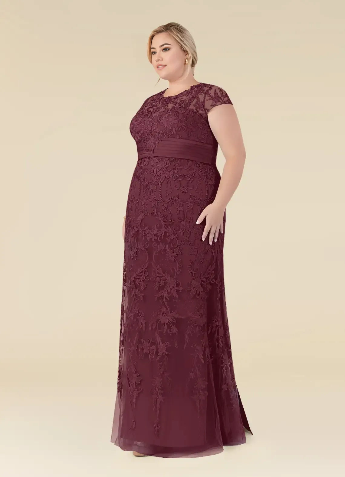 Dress Elegant Cabernet Mermaid Vintage Scoop Neck Plus Size Mother Of The Bride Dress Floor-Length Cap Sleeves Illusion Back Mother of the Bride Dress
