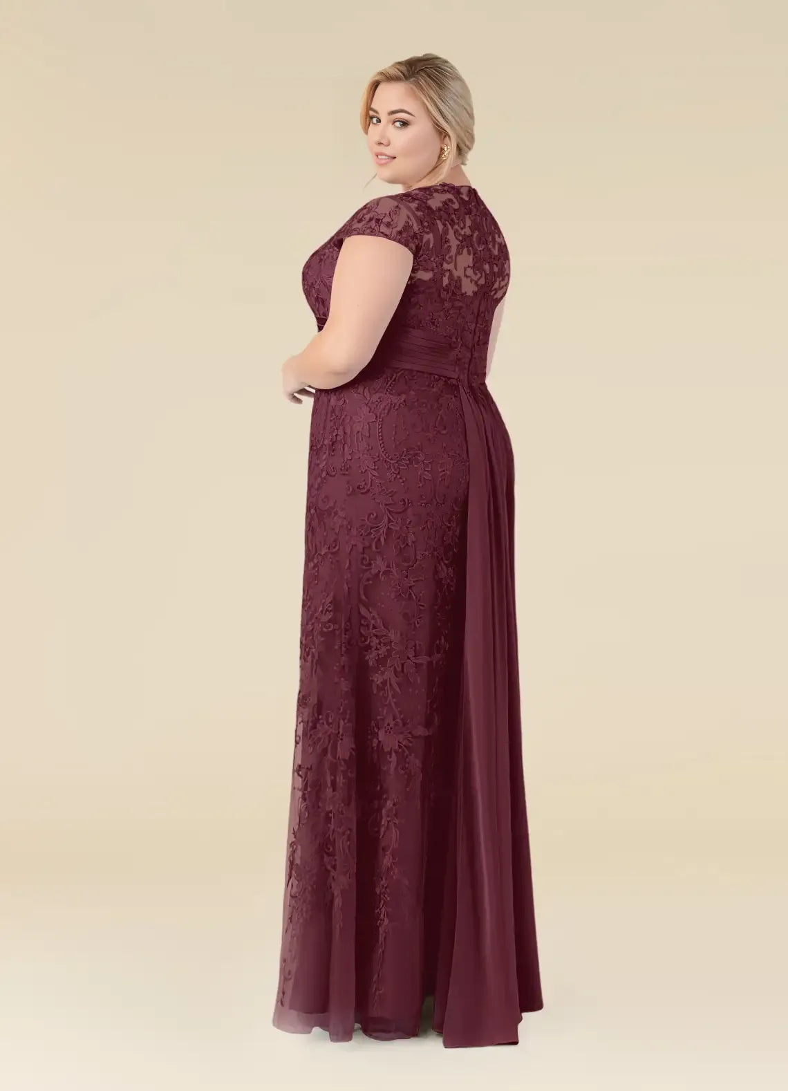 Dress Elegant Cabernet Mermaid Vintage Scoop Neck Plus Size Mother Of The Bride Dress Floor-Length Cap Sleeves Illusion Back Mother of the Bride Dress