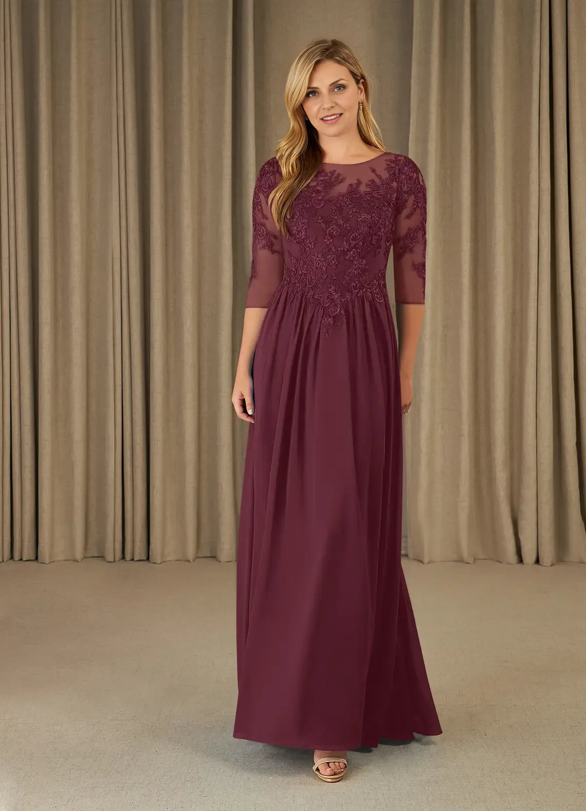 Plum Dress Scoop A-Line Mother Of The Bride Evening Dress Fashion Three-Quarter Sleeve Back Zip Plus Size Mother Of The Groom Dresses