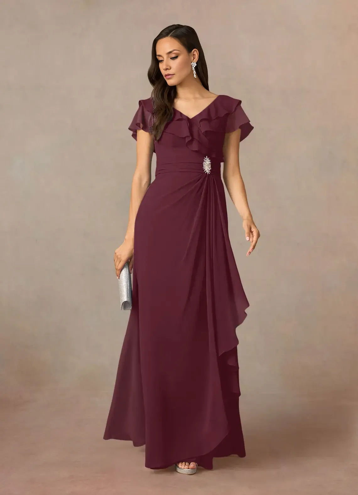 Navy Dress Dark A-Line V-Neck Ruched Mother Of The Bride Evening Dress Elegant Ruffle Flutter Sleeves V Back Plus Size Mother Of The Bride Dress