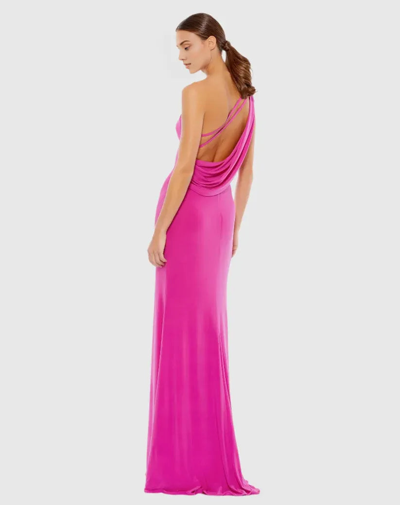 Sheath One Shoulder Sleeveless Draped Back Floor-Length Prom Dress