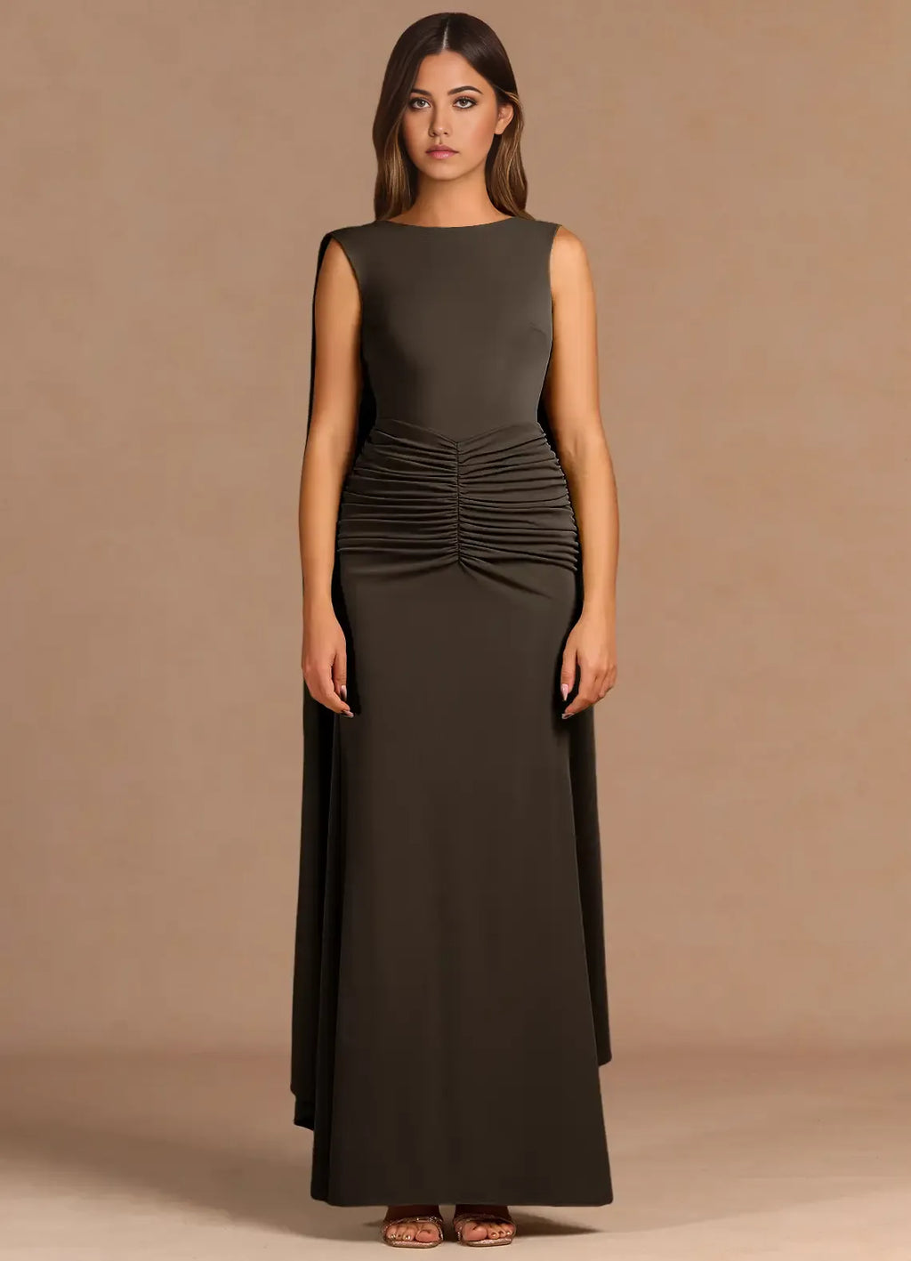 Cape Accent Mermaid Crew Neck Ruched Open Back Floor Length For Women Prom Dress
