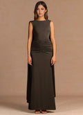 Cape Accent Mermaid Crew Neck Ruched Open Back Floor Length For Women Prom Dress