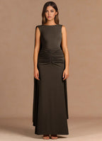 Cape Accent Mermaid Crew Neck Ruched Open Back Floor Length For Women Prom Dress