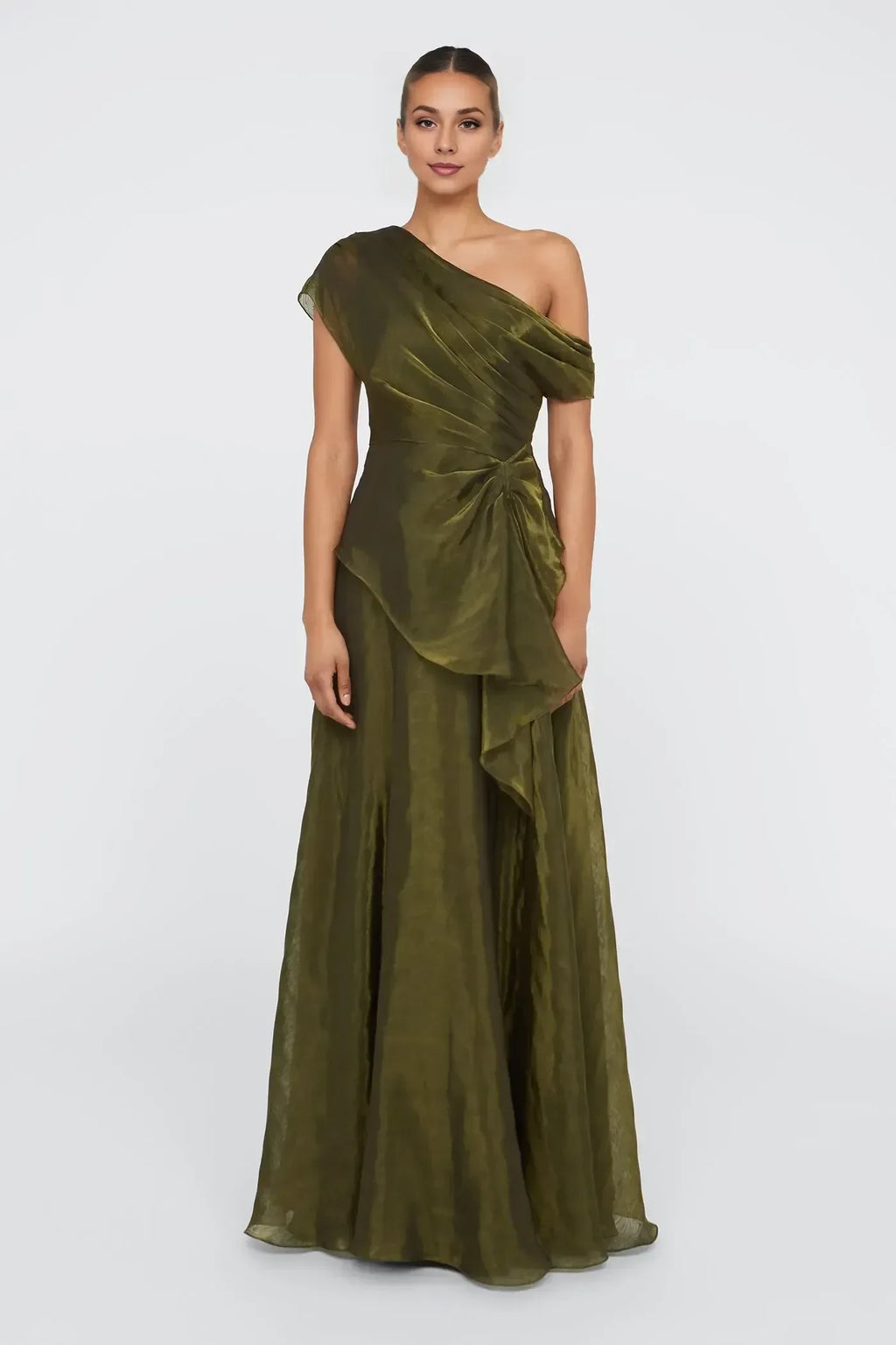 Captivating A Line One Shoulder Ruffled Sleeve Zipper Back Floor Length Evening Dress