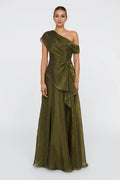 Captivating A Line One Shoulder Ruffled Sleeve Zipper Back Floor Length Evening Dress