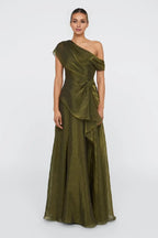Captivating A Line One Shoulder Ruffled Sleeve Zipper Back Floor Length Evening Dress