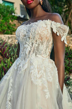 Captivating Ball Gown Off Shoulder Short Sleeve Lace Back Floor Length Wedding Dress