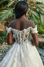 Captivating Ball Gown Off Shoulder Short Sleeve Lace Back Floor Length Wedding Dress