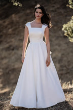 Captivating Ball Gown Square Neck Cap Sleeve Bow Back Floor Length Wedding Dress