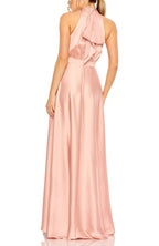 Captivating High Low Halter Neck Sleeveless Bow Back Floor Length Evening Dress