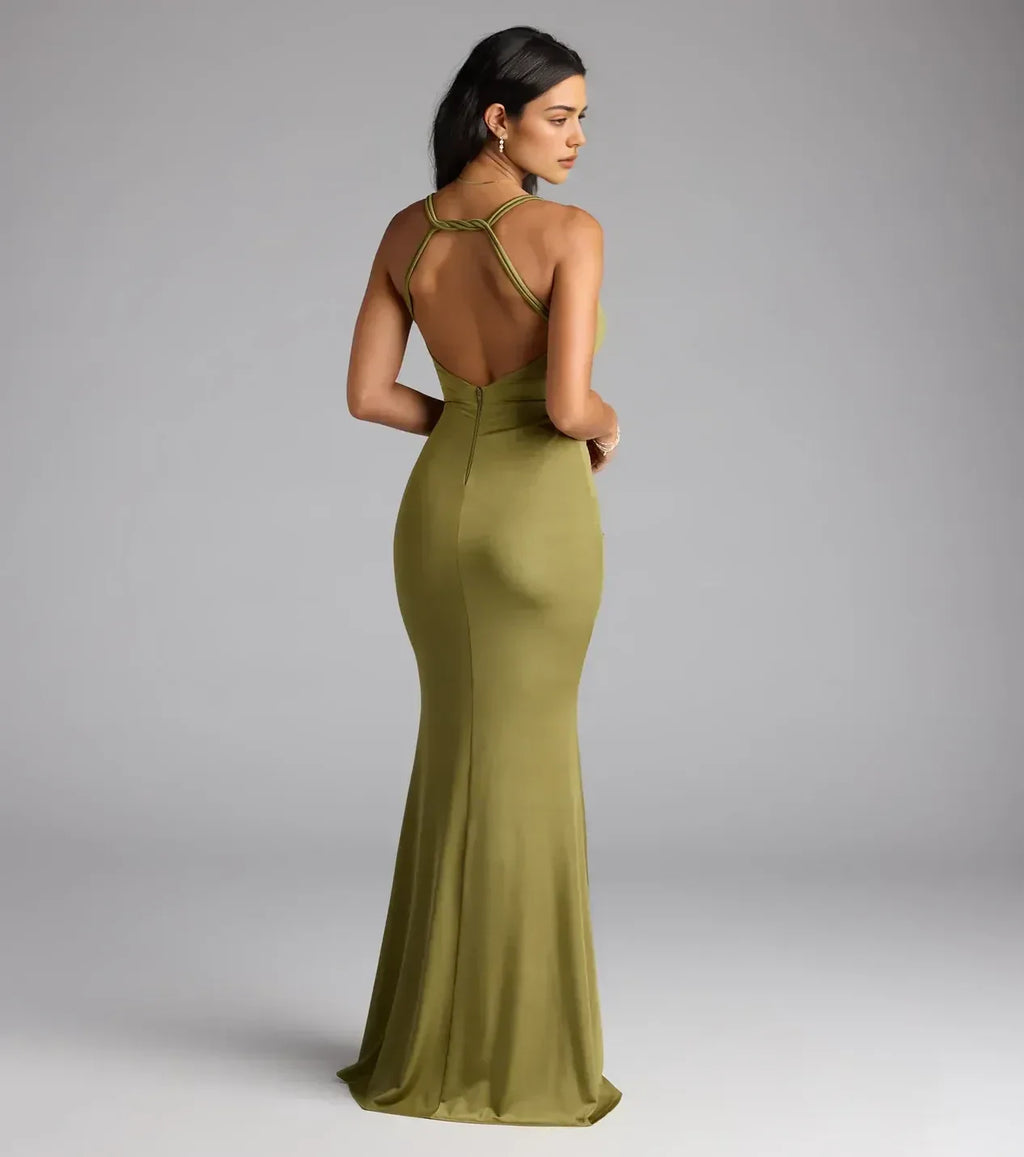 Captivating Mermaid Cowl Neck Spaghetti Strap Crisscross Back Floor Length Prom Dress