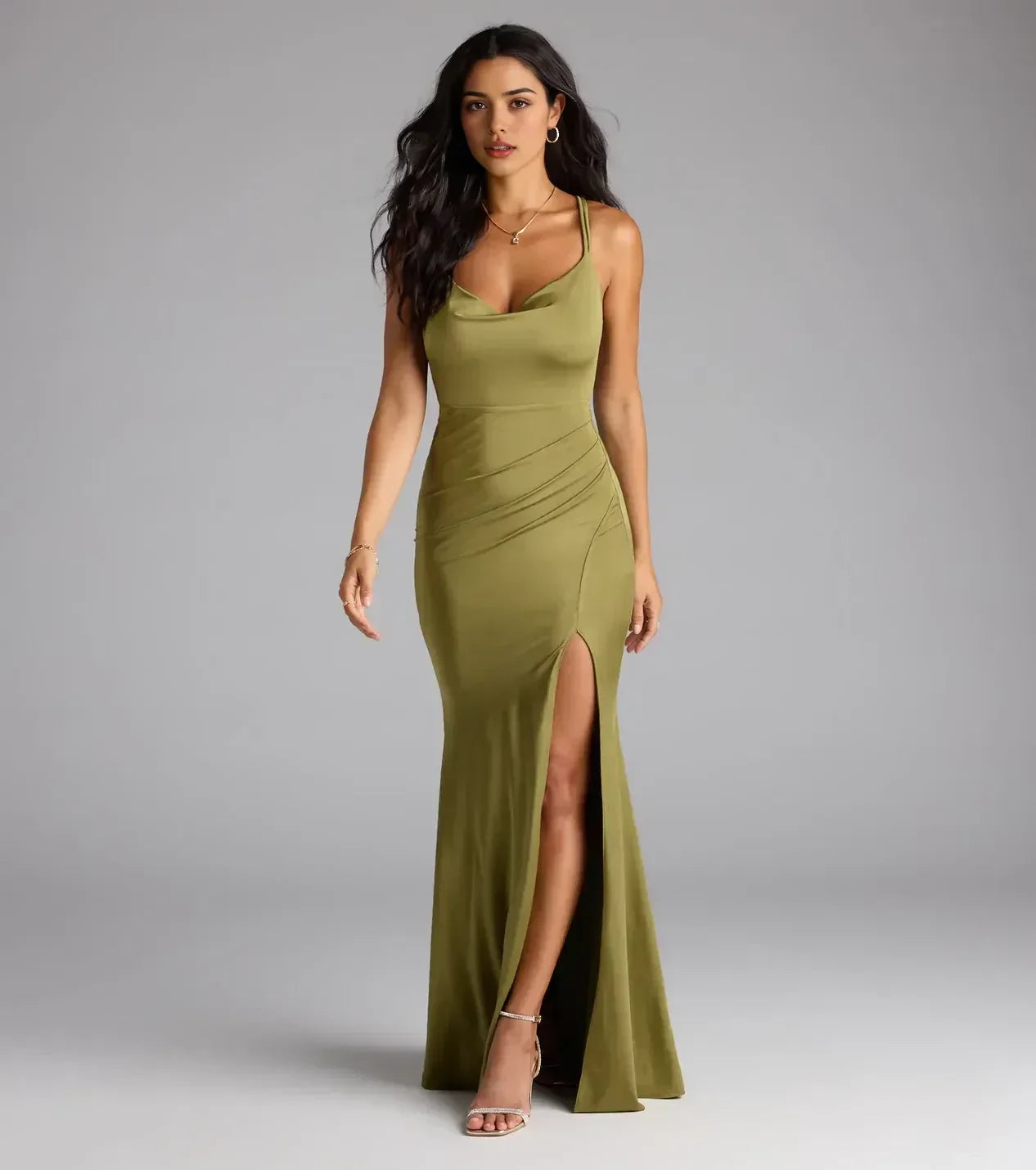 Captivating Mermaid Cowl Neck Spaghetti Strap Crisscross Back Floor Length Prom Dress