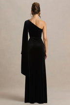 Captivating Mermaid One Shoulder Dramatic Sleeve Ruched Back Floor Length Evening Dress