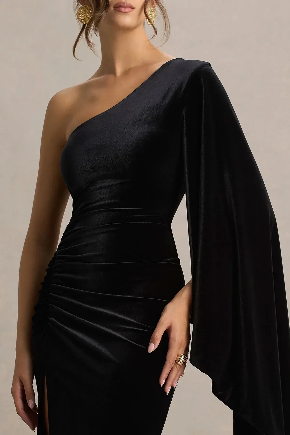 Captivating Mermaid One Shoulder Dramatic Sleeve Ruched Back Floor Length Evening Dress