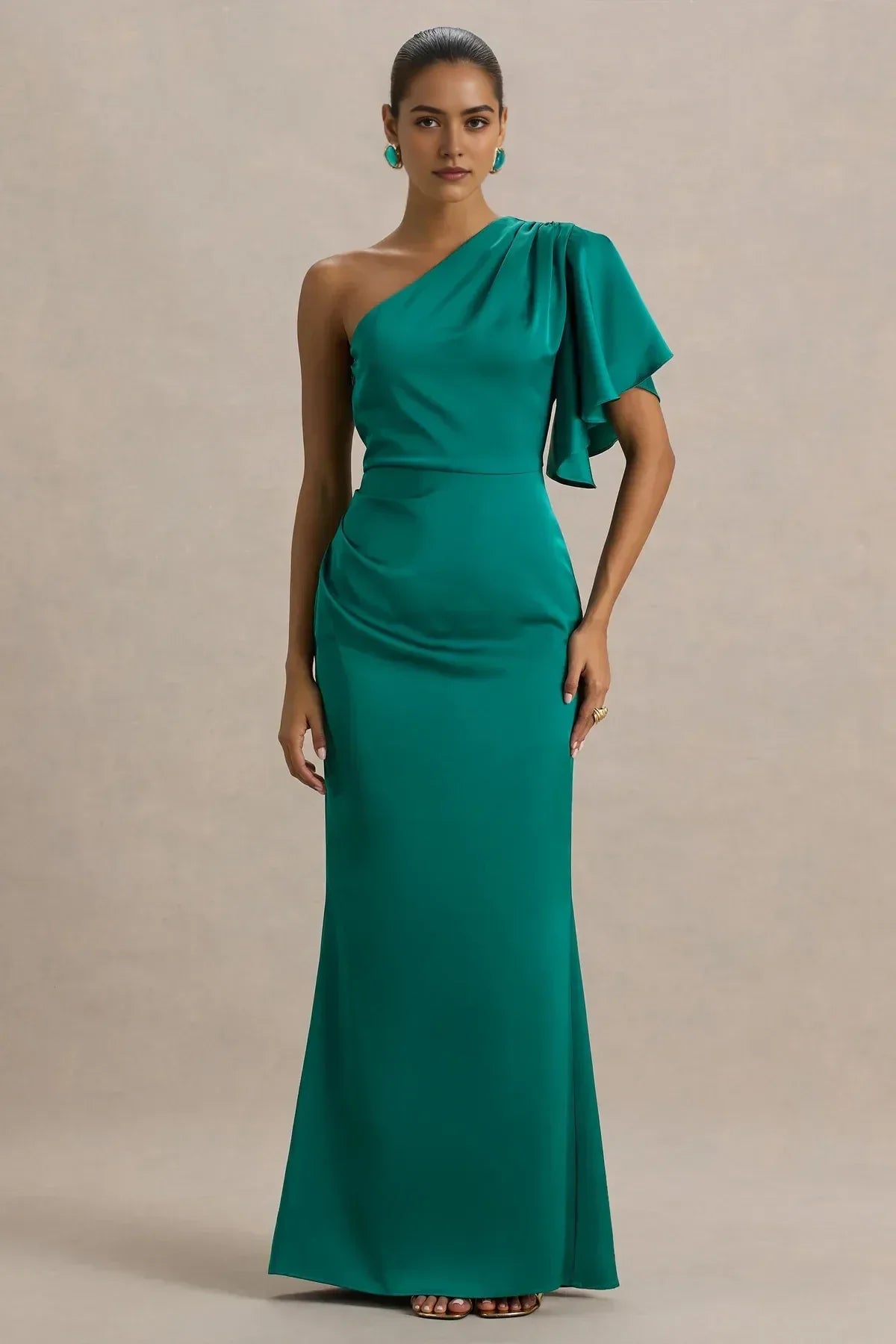 Captivating Mermaid One Shoulder Ruffled Sleeve Zipper Back Floor Length Evening Dress