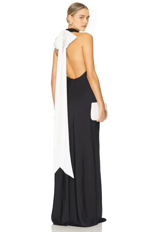 Robe de soirée longue, fourreau, sans manches, dos noué, col nu captivante