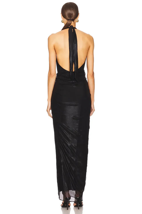 Robe de soirée longue, fourreau, sans manches, dos nu et lien à nouer