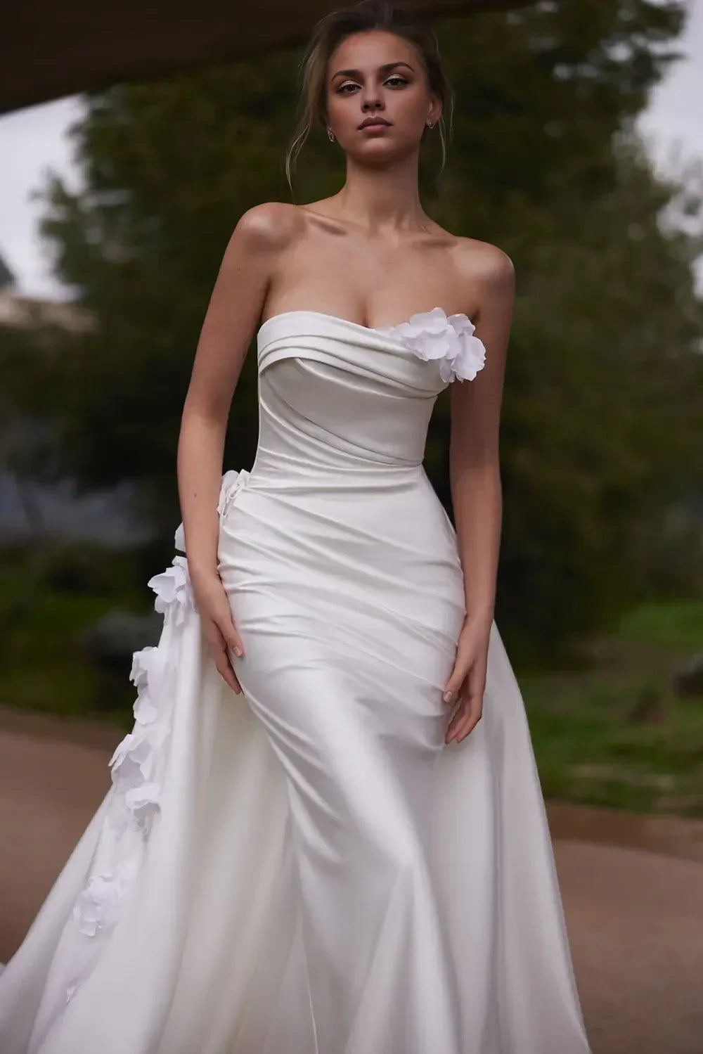 Captivating Strapless Mermaid Floral Accent Zip Back Train Length Wedding Dress