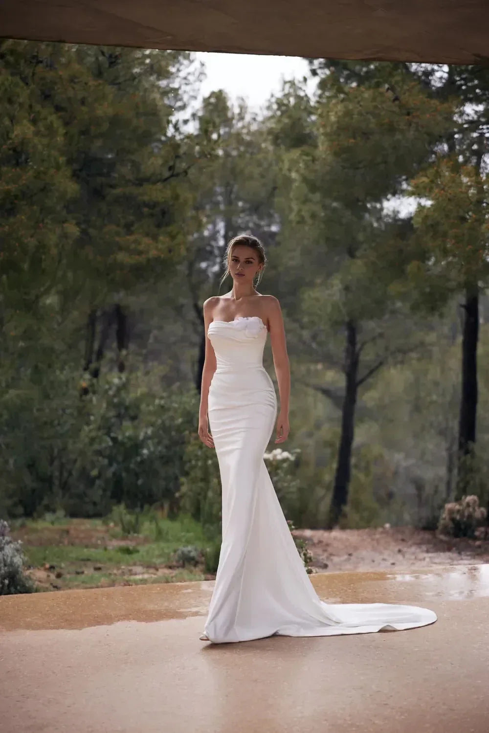 Captivating Strapless Mermaid Floral Accent Zip Back Train Length Wedding Dress