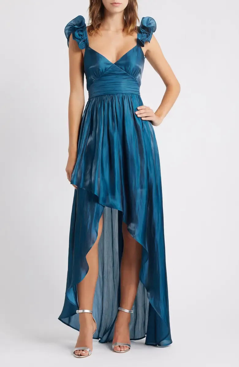 Casual A-Line Ruffle Shoulder Sleeveless High-Low-Length Prom Dress