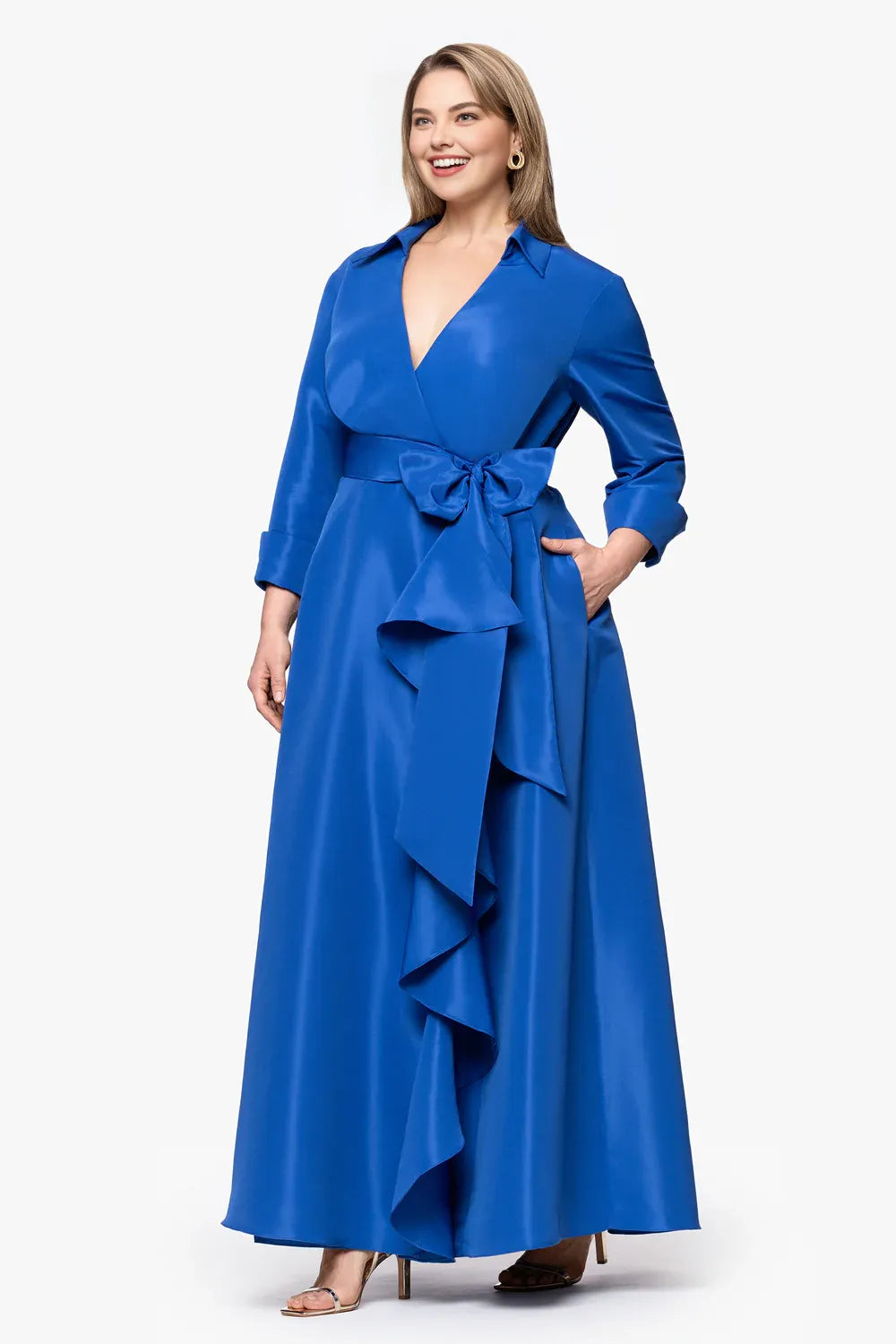 Casual A-Line Shirt Collared Long Sleeve Floor-Length Plus Size Mother of the Bride Dress