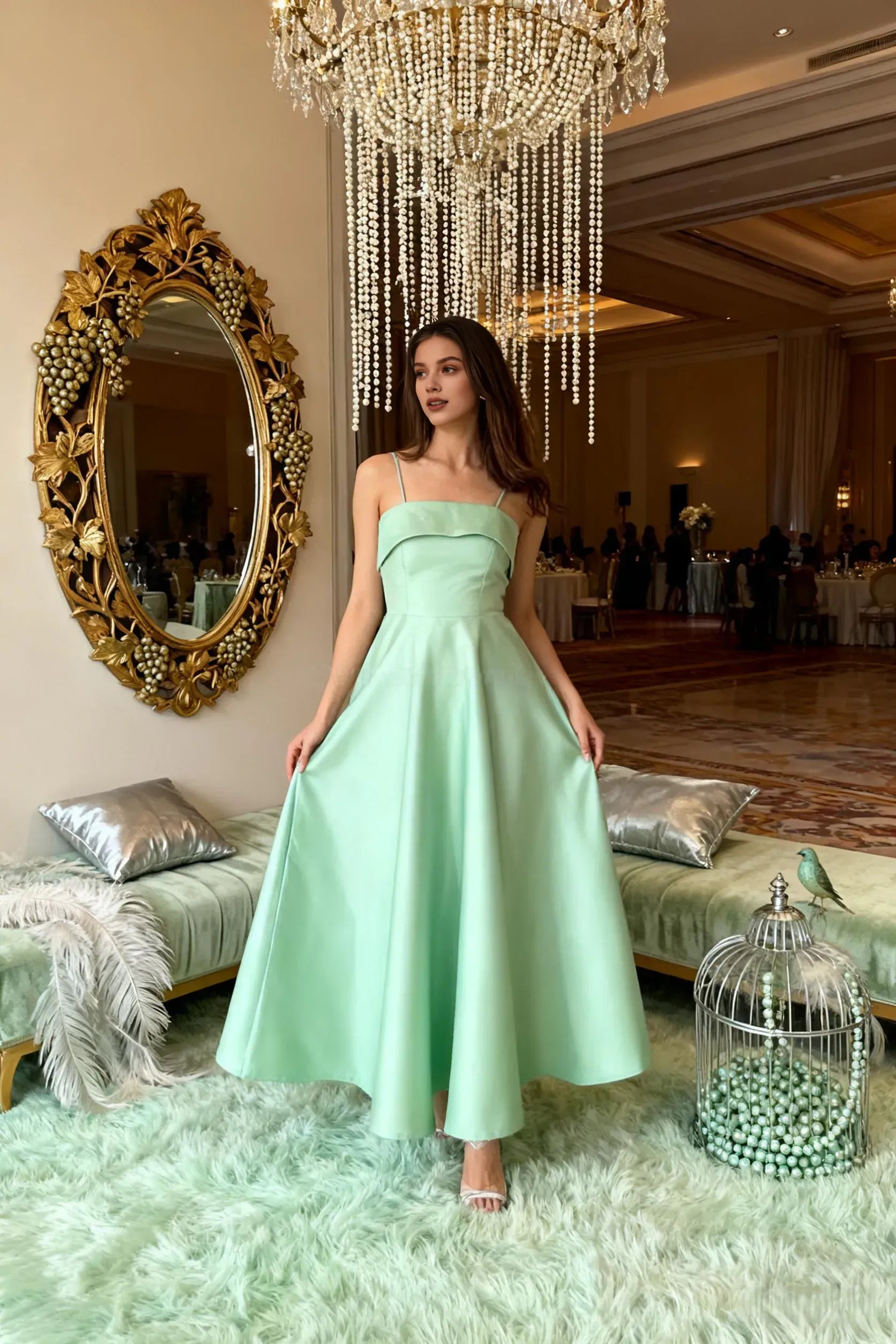 Casual A-Line Spaghetti Strap Sleeveless Backless Floor-Length Prom Dress