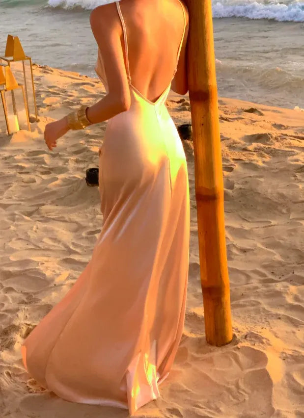 Elegant Blush Satin A Line Prom Dress With Spaghetti Straps Romantic V Neck Floor Length