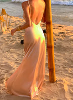 Elegant Blush Satin A Line Prom Dress With Spaghetti Straps Romantic V Neck Floor Length