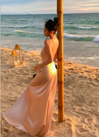 Elegant Blush Satin A Line Prom Dress With Spaghetti Straps Romantic V Neck Floor Length